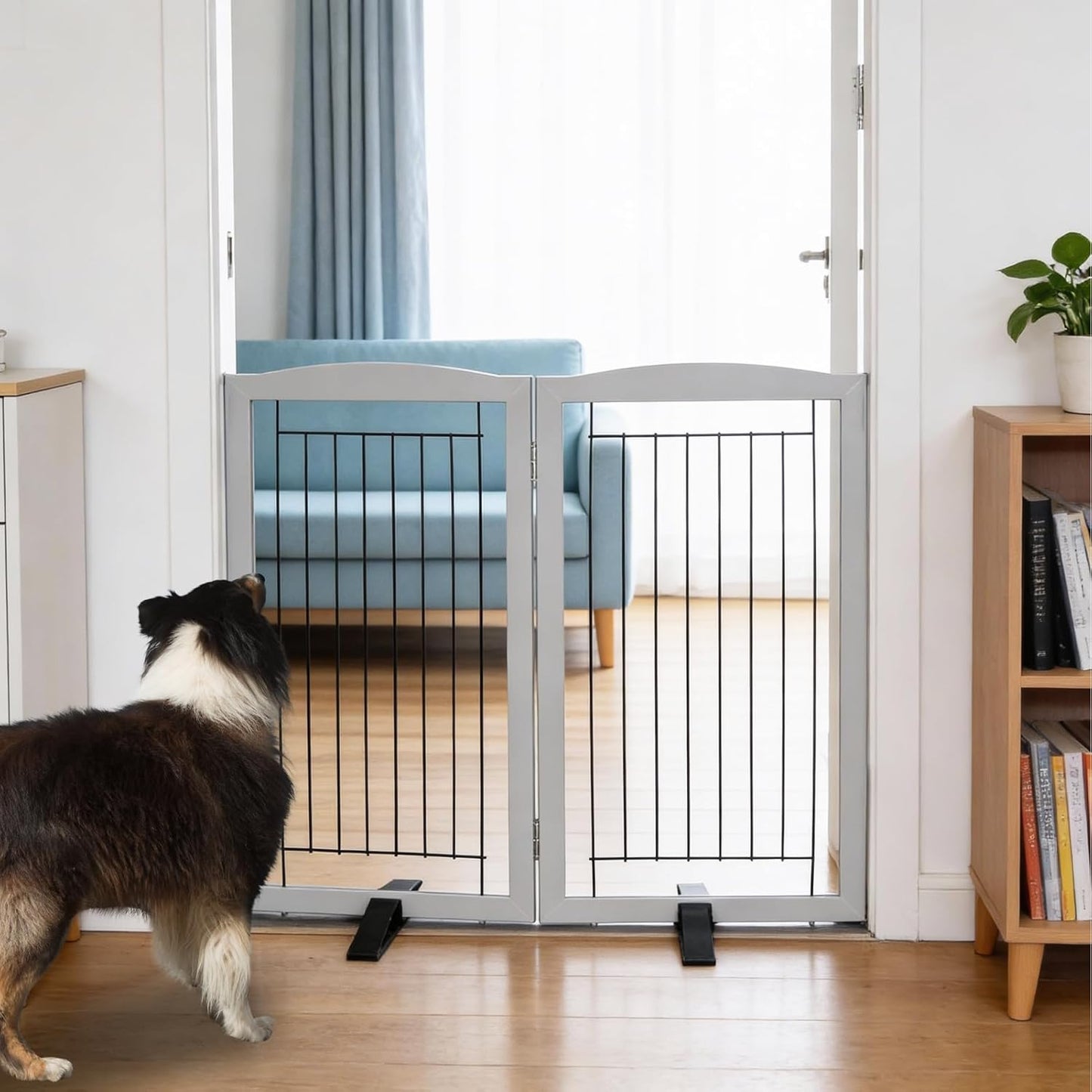 ZJSF Freestanding Dog Fence Indoor, Foldable Dog Gate for Doorways, Stairs or Hallways, Sturdy Wood Extra Wide Pet Gate with Support Feet for The House, White, 24 "Height-3 Panels