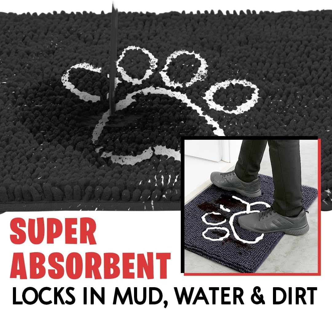 MUDGUARD MAT™ Dog Door Mat with Paw Design for Muddy Paws, Super Absorbent Microfiber, Non-Slip Indoor Mat, Quick-Dry Chenille Rug for Pets & Entryway, Machine Washable, Grey 16" x 24"