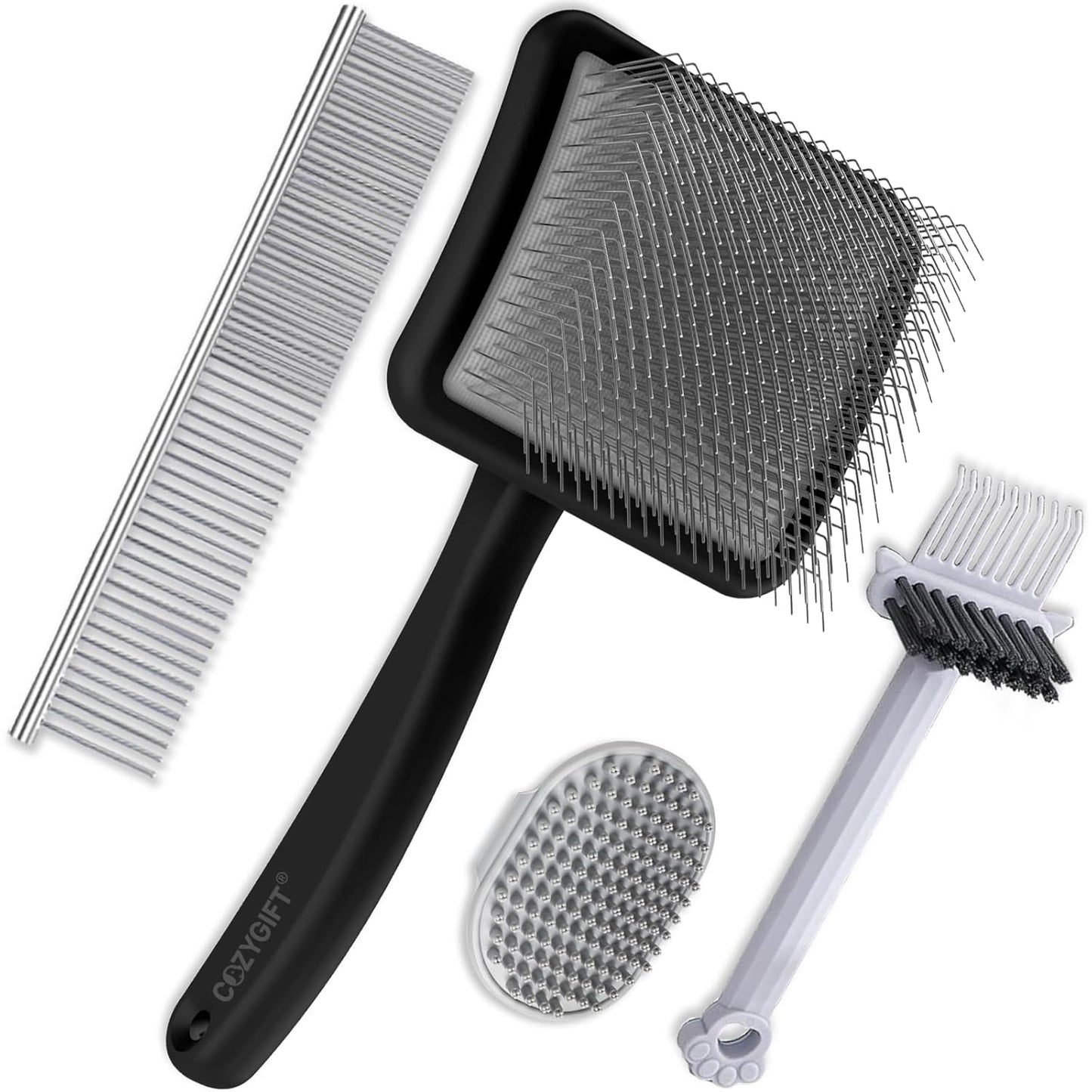 Slicker Brush for Dogs - 4-in-1 Wooden Dog Grooming Kit for Doodles & Poodles with Detangling Comb for Matted Hair & Bath Massage Set, Naturally