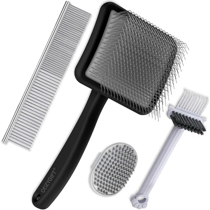 Slicker Brush for Dogs - 4-in-1 Wooden Dog Grooming Kit for Doodles & Poodles with Detangling Comb for Matted Hair & Bath Massage Set, Naturally