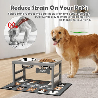 ADENGL Elevated Dog Bowls, 10" Tall Height, Raised Bowl Stand with 2 Stainless Steel Food Feeder Bowls (58oz) and Spill-Proof Mat for Medium Large and Small Breeds