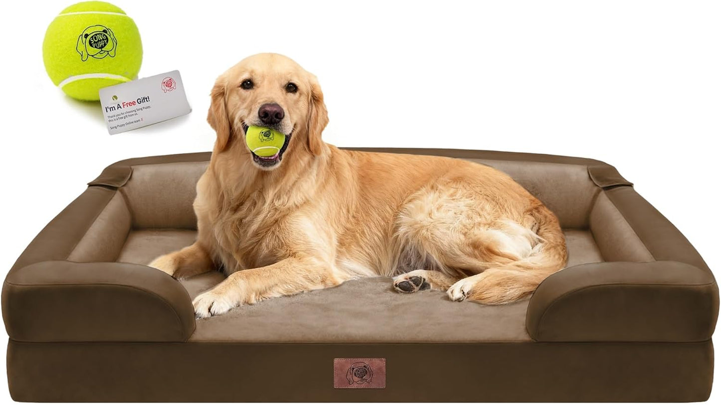 Extra Large Dog Bed, Orthopedic XL Washable Memory Foam Bed for Big Dogs Waterproof Pet Couch Sofa Bolster with Removable Cover, Non-Slip Bottom, Tennis Ball Toy, 42x30
