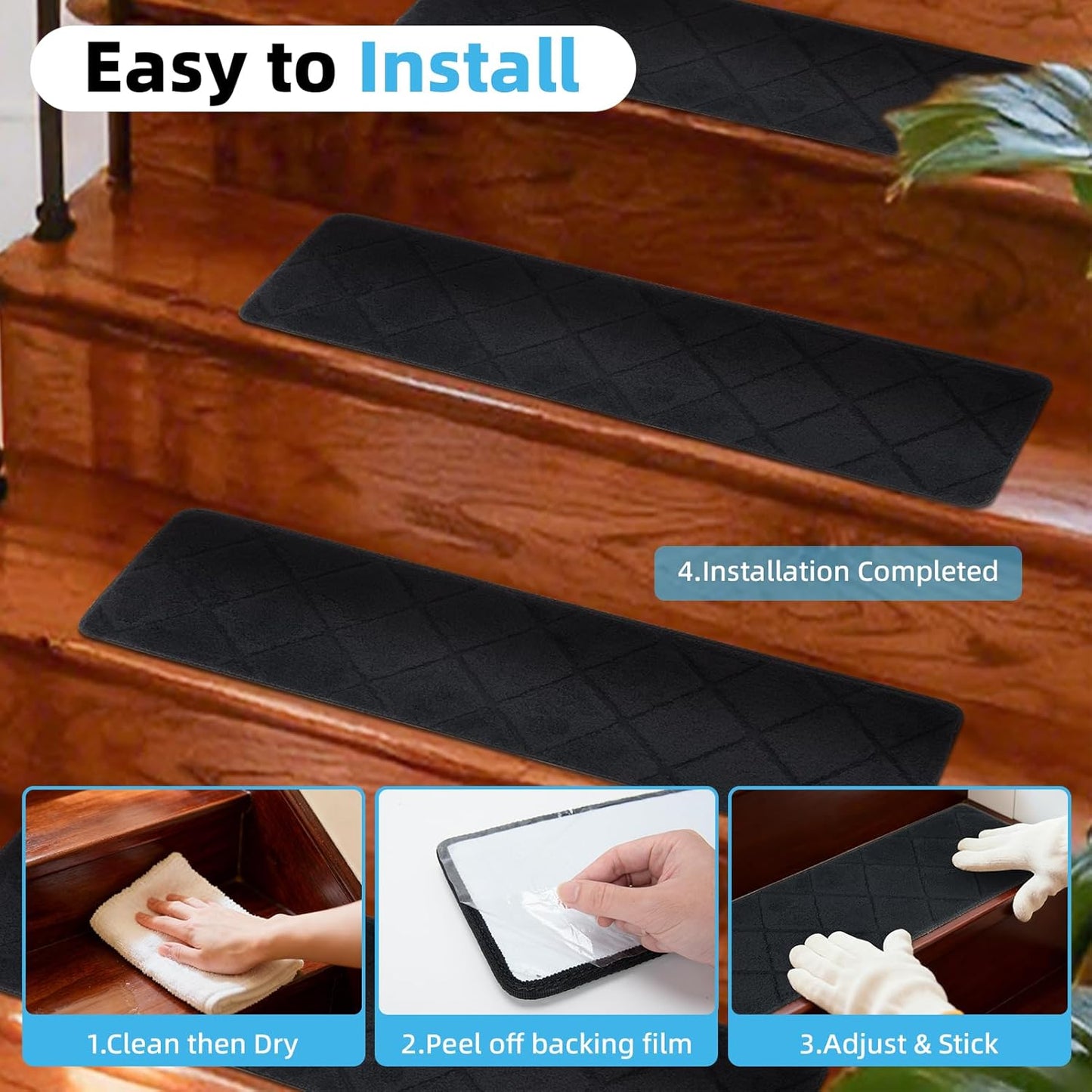 Art3d Stair Treads for Wooden Steps 15Pcs, 8" X 30" X 0.3" Non Slip Stair Runner Rugs with Reusable Adhesive for Elders Kids and Dogs, Washable Peel and Stick Stair Treads Carpet, Gray