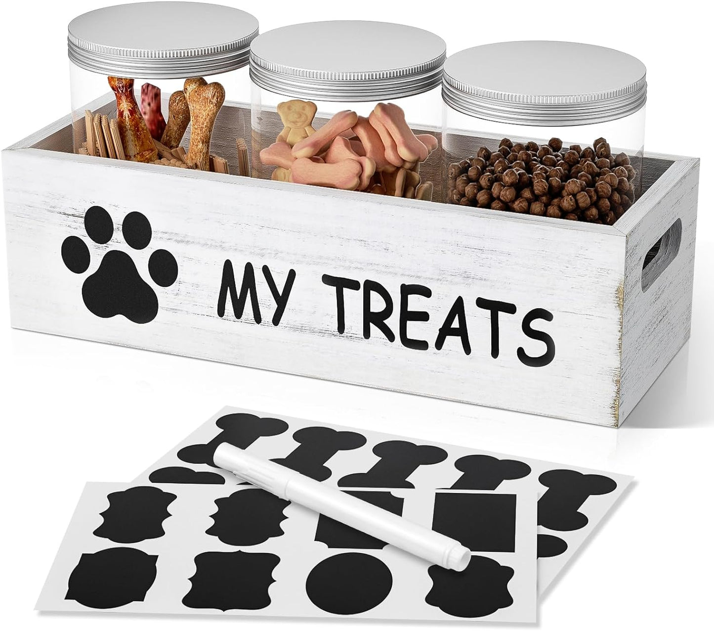 qeerable Dog Treat Container Airtight Storage Jars Set of 3 - Clear Plastic Pet Treat Canister with Lids - Dog Food Container for Countertop Organization (grey)