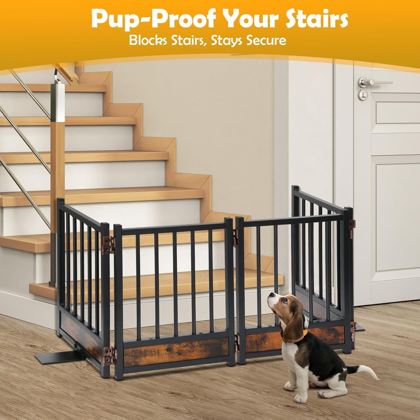 Freestanding Short Dog Gate, 16" Tall Pet Gate Indoor with Support Feet Easily Step Over, 4 Panel Metal Wood Foldable Pet Dog Gate, Up to 48" Wide Puppy Fence, Puppy Gate for for Doorway&Hallway Black