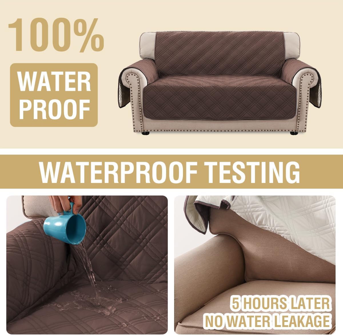 H.VERSAILTEX 100% Waterproof Slipcovers for Couches and Sofas Modern Pet Couch Cover Thick Soft Furniture Protector with Elastic Straps(Sofa, Lily Pad/Beige)