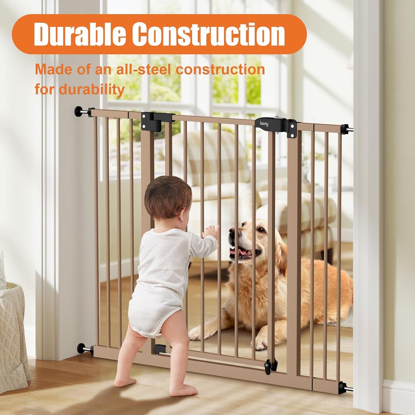 keny 29"-42.5" Baby Gate for Stairs, Auto Close Safety Dog Gate, Pressure Mounted Easy Walk Through Pet Gate for Doorways, Durable Stair Gate, 30" Tall, White