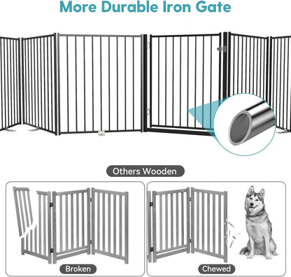 No Pawblems Free Standing Dog Gate with Door, 30'' Tall Foldable Dog Fence for Indoor & Outdoor, Up to 78 Inch Extra Wide Puppy Gate for Stairs, Hallways, Doorways, Deck, Yard (Black, 3 Panels)