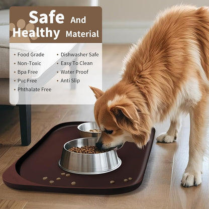 Smilool Silicone Pet Food Mat with Raised Edge for Food and Water Bowl, Dog Feeding Mats, Cat Food Trays for Floor Waterproof, Rubber Tray for Dogs and Cats, 19 x 12 x 0.7 Dark Brown