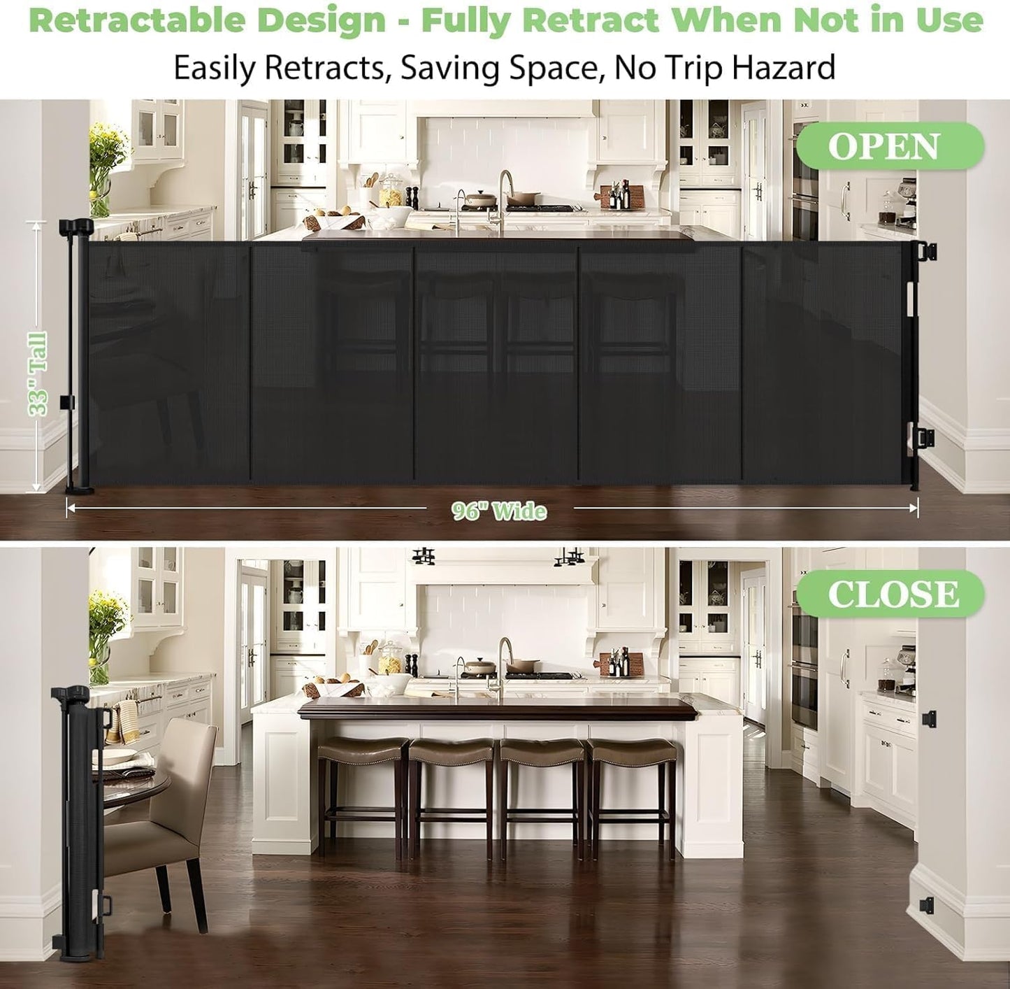 96 Inch Wide Reinforced Retractable Baby Gate with Support Rods, Extra Long Dog Gate Retractable Gate Outdoor Gates for Decks, Prevent Crawling Under Extra Long Baby Gates for Large Openings, Black