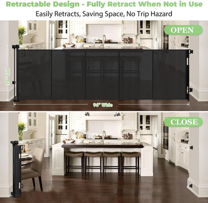 96 Inch Wide Reinforced Retractable Baby Gate with Support Rods, Extra Long Dog Gate Retractable Gate Outdoor Gates for Decks, Prevent Crawling Under Extra Long Baby Gates for Large Openings, Black