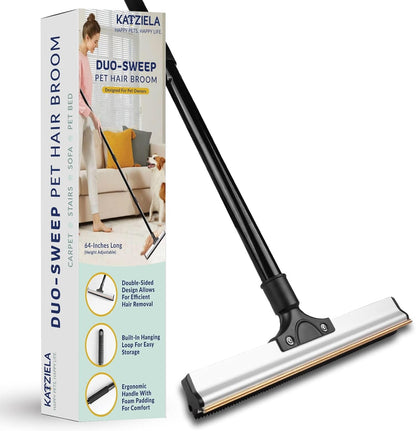 Katziela DuoSweep Broom – Dual-Sided Pet Hair Remover with Metal & Rubber Blade – Multi-Surface Cleaner for Carpet, Hardwood & Tile – Includes Water Control Squeegee Attachment
