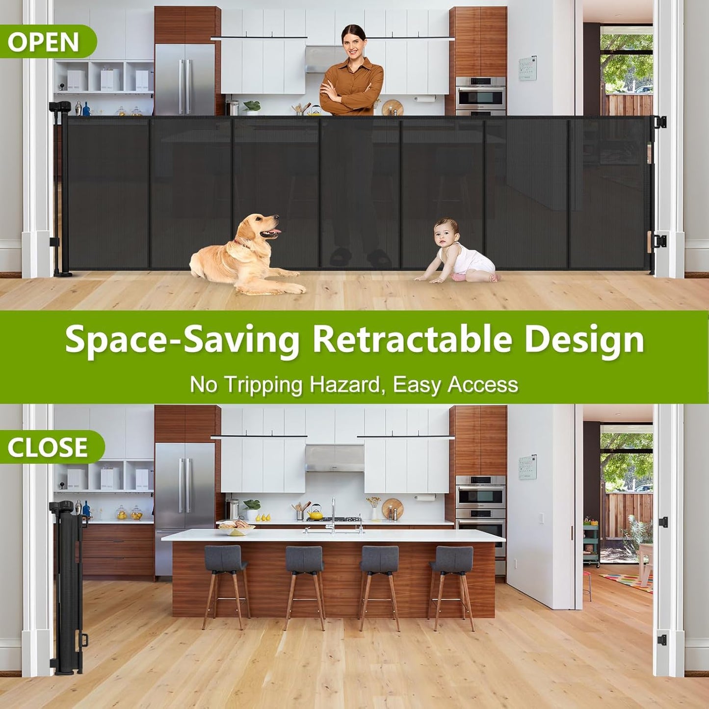 Reinforced 42" Tall Retractable Dog Gate, 155" Extra Long Retractable Baby Gate with Support Rods - Prevent Crawling Under, Indoor/Outdoor Retractable Gate Extra Tall Baby Gate Retractable Fence/Black