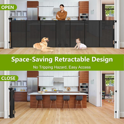 Reinforced 42" Tall Retractable Dog Gate, 155" Extra Long Retractable Baby Gate with Support Rods - Prevent Crawling Under, Indoor/Outdoor Retractable Gate Extra Tall Baby Gate Retractable Fence/Black