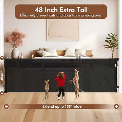 48" Tall X 135" Extra Wide Retractable Baby Gates for Large Openings, Extra Tall Dog Gates for Doorways Large Baby Gate Mesh Gate Cat Gate - Upgraded Height to Prevent Jumping Over, Black