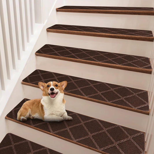 Stair Treads for Wooden Steps, 8" x 30" Non Slip Stair Runner, Peel and Stick Carpet Stair Treads with Reusable Adhesive, Indoor Stair Rugs Covers Mats Pads for Kids Elders Dogs, Brown 15Pcs