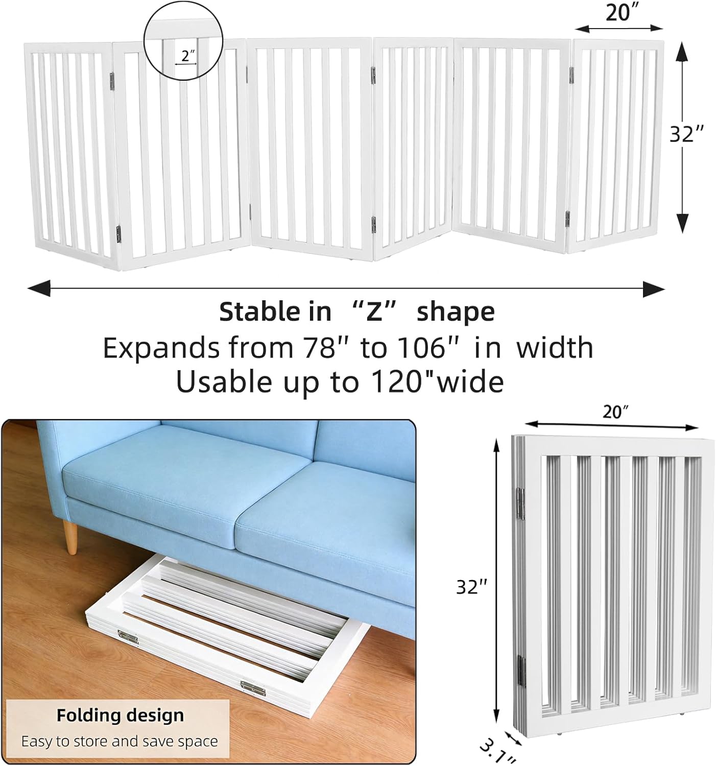 Dog Gate Indoor, Freestanding Dog Fence for The House, Doorways, Hallways,or Stairs,Pet Gate Foldable Wooden,Expandable 24" Height 3 Panels,White