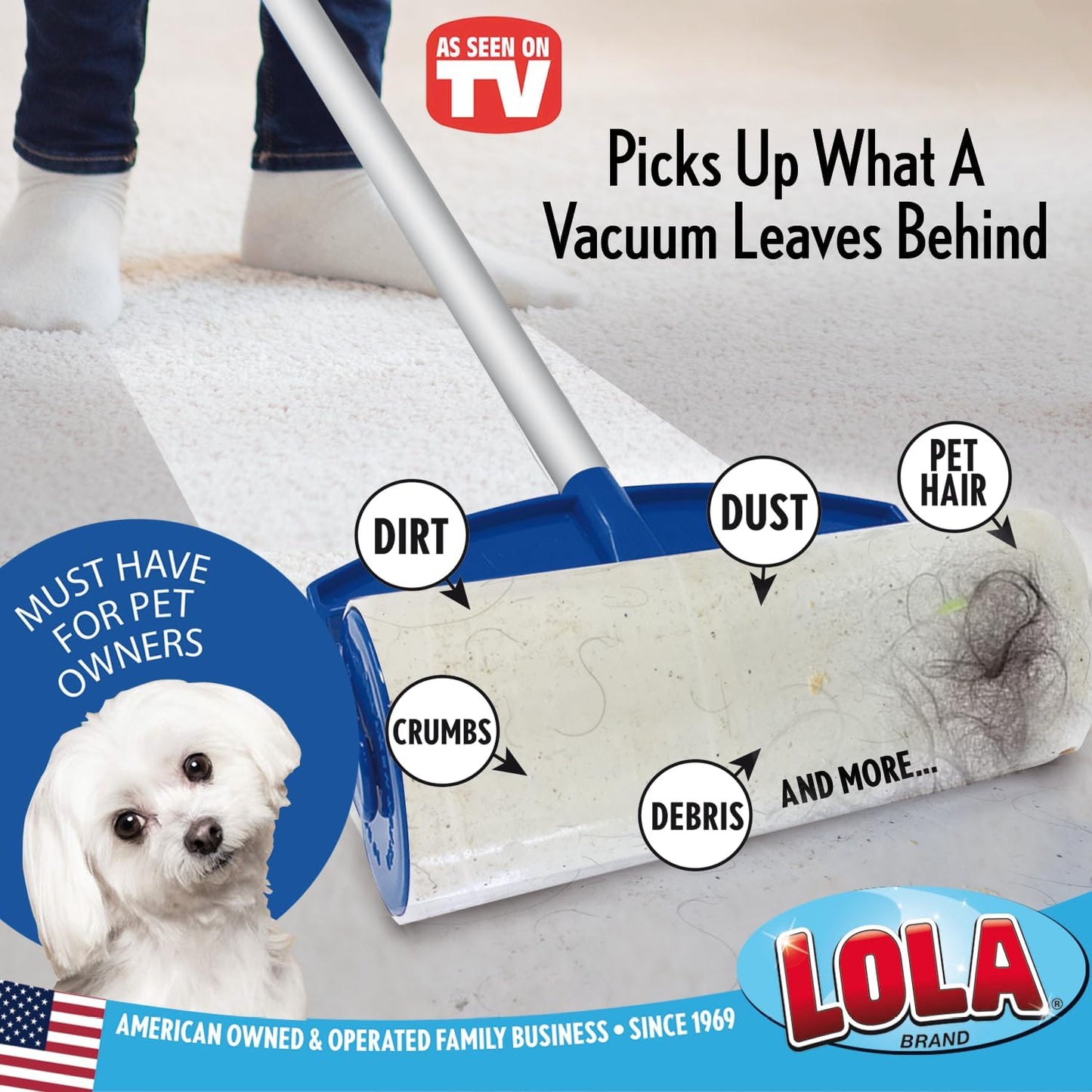 LOLA Rola PET Hair Remover Sticky Mop, Giant Floor Lint Roller, 9" x 3.5", Aluminum Handle, Largest Head, Traps Hair, Dust, Dirt, Extra Sticky Sheets