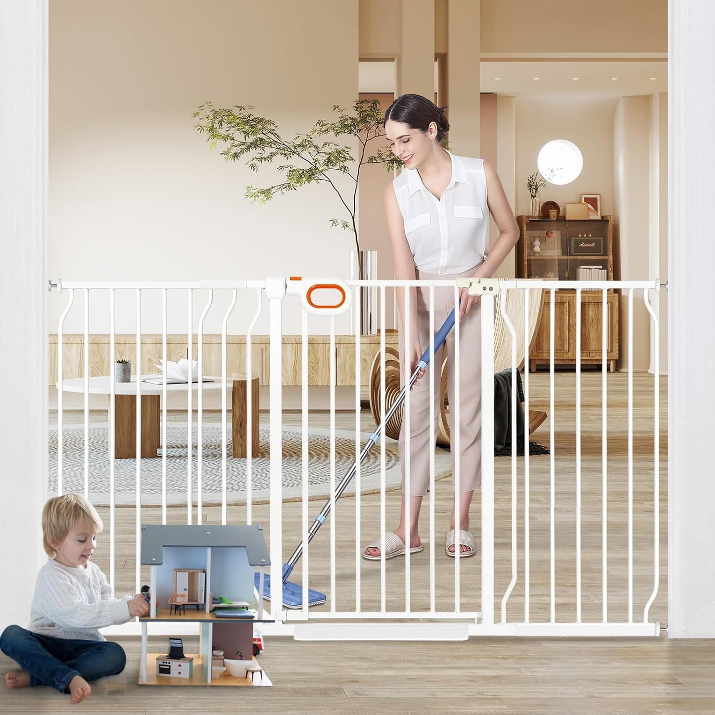 owlie 37.4" Extra Tall Wide Baby Gate for Stairs Doorways,47-57 Inch Extra Large Long Baby Gate with Door Indoor Safety Metal Pressure Mounted Pet Gate with Walk-Thru Auto Close, Black