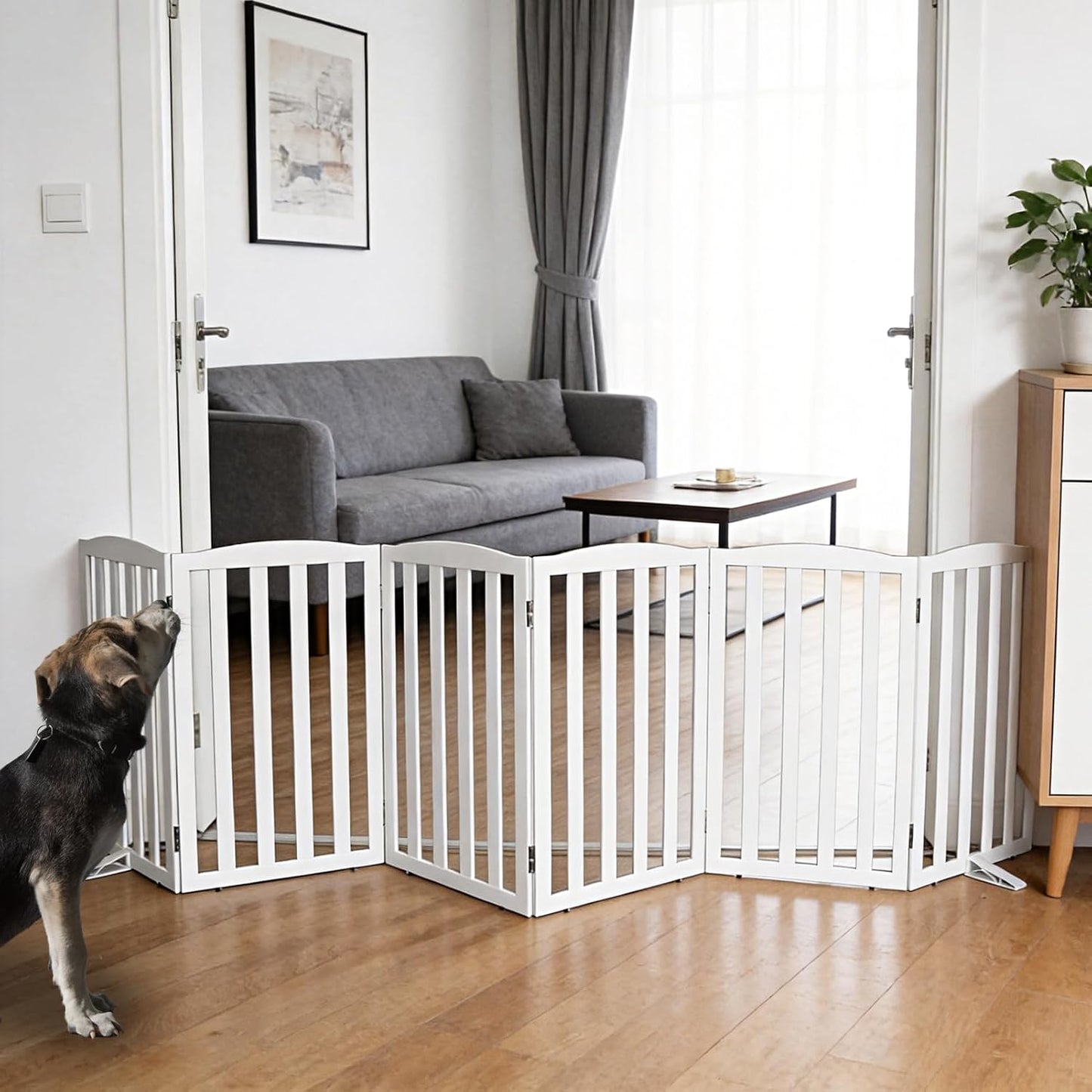 Freestanding Dog Gate Indoor,Doggie Gate Foldable Dog Gates for Doorways,Stairs or Hallways, Wooden White Pet Gate for the House, Pet Fence with Support Feet Included,24 "Height-4 Panels