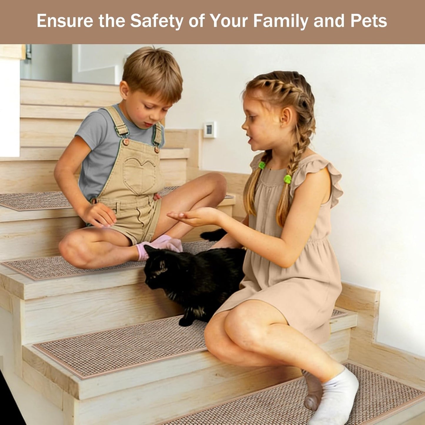 Natural Linen Non Slip Stair Treads, 15 Pack 8" X 30" Carpet Stair Treads with Reusable TPE Adhesive Backing, Non Slip Stair Runner Indoor for Kids Elders and Pets, Machine Washable, Brown Weave