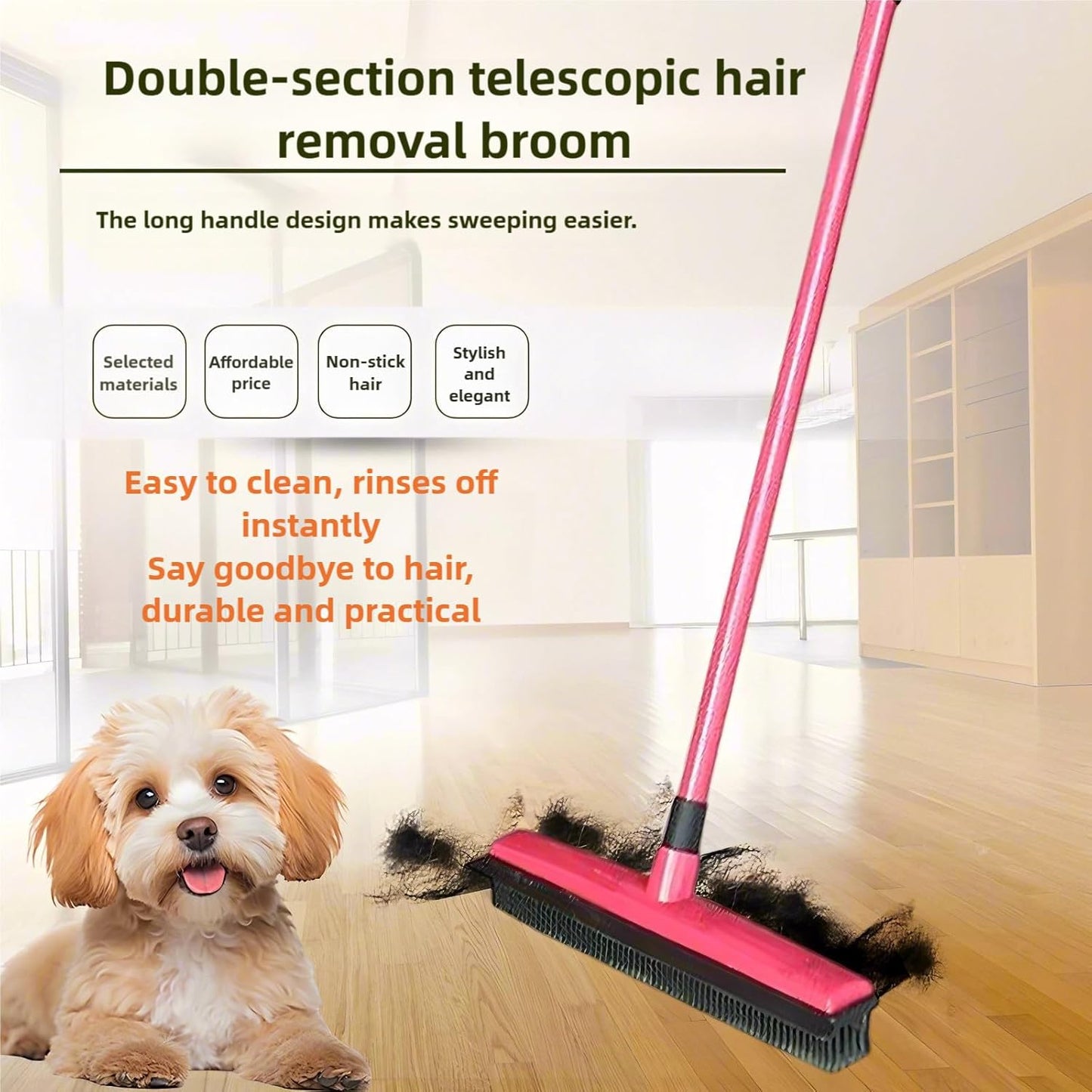 Pet Broom,Pet Hair Removal Broom, Rubber Carpet Broom Dog Hair Broom, Hair Broom for Carpet, Adjustable Handle Carpet Rake for Pet Hair Removal (Black)