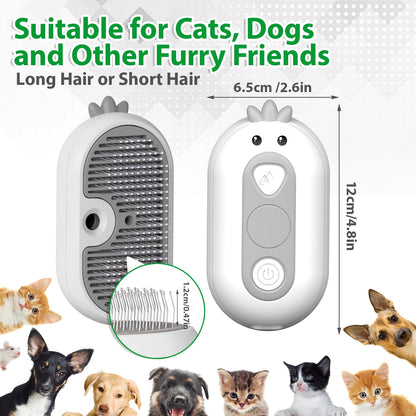 Double-Sided Pet Deshedding Dematting Comb & Steam Brush with 2 Spray Levels, Extra-Wide Detangling Undercoat Rake for Long-Hair Dogs & Cats Matted Fur, Knots, Rechargeable Grooming & Massage Tool