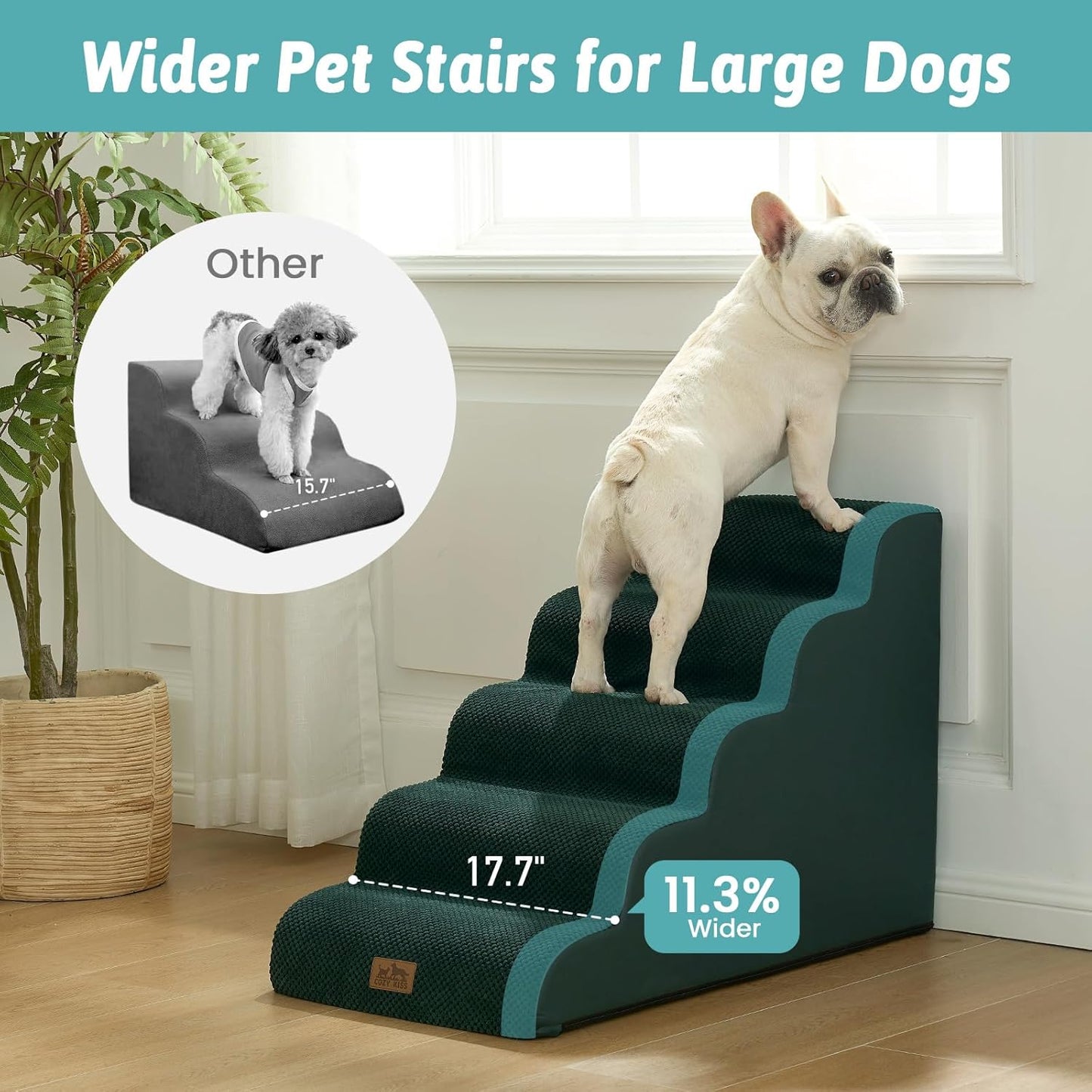 COZY KISS Dog Stairs for Small Dogs 15.7" H, Curved Dog Step for Puppy, Older Cat, Medium Pet Ramp for Sofa, Couch or Chair, Ladder with High Density Foam, 3 Step, 15.7x22.4x15.7 inch, Beige