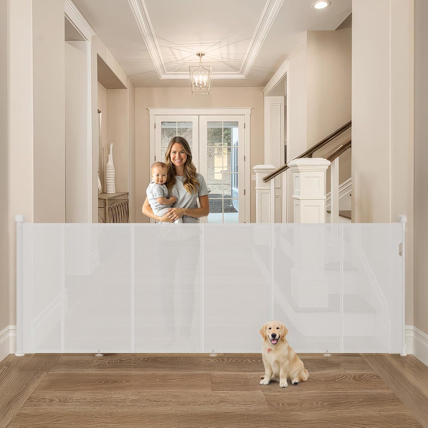 Upgrade Retractable Baby Gates Extra Wide (150" W x 42" H), 150 inch Reinforced Retractable Dog Gate to Prevent Crawling Through, Retractable Gate Outdoor/Indoor, Real One-Handed Operation, Black