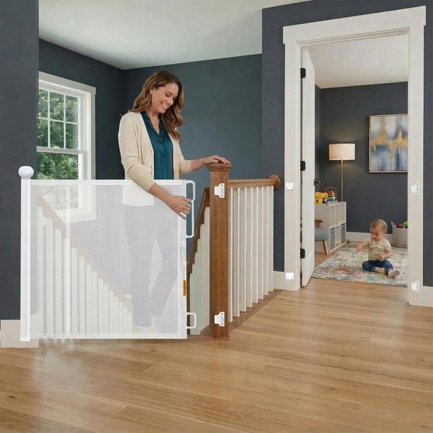 Retractable Baby Gate - 118" Extra Wide Mesh Dog Gate with Support Rods - 34" Tall for Stairs, Doorways, Hallways - Drill or No-Drill - Pet & Cat Gate - Outdoor/Indoor (Black, 9.84 ft)