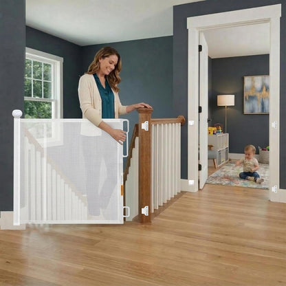 Retractable Baby Gate - 118" Extra Wide Mesh Dog Gate with Support Rods - 34" Tall for Stairs, Doorways, Hallways - Drill or No-Drill - Pet & Cat Gate - Outdoor/Indoor (Black, 9.84 ft)