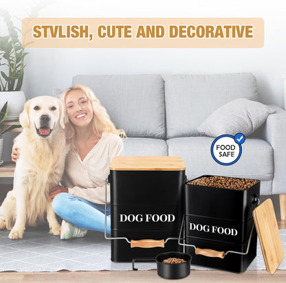 Tioncy 2 Pcs Metal Dog Food Storage Containers Total 10-14 Lbs (50 Cup) Capacity, Airtight Pet Food Canister with Bamboo Lids Scoop DIY Labels Dog Treat Storage Jars for Kitchen Counter(White)