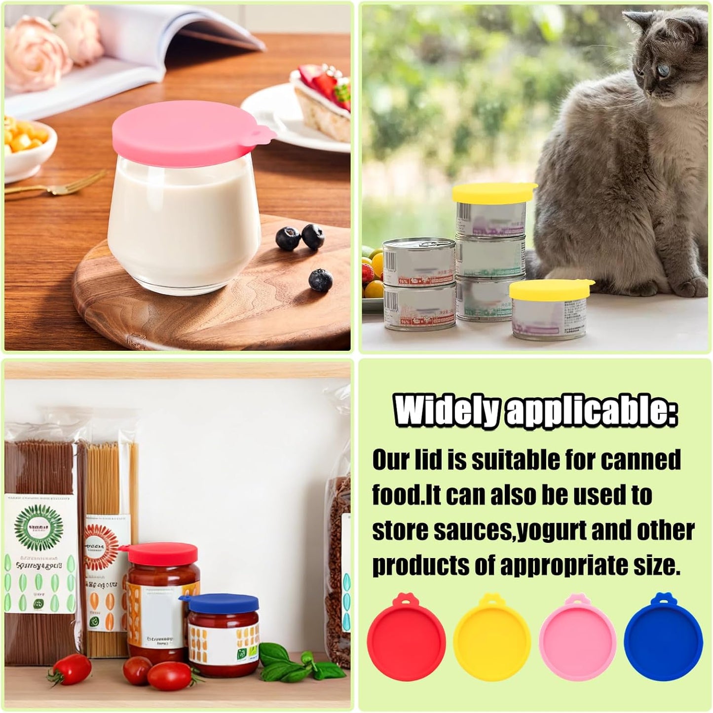 PINE & LINEN 4 Pcs 2.5inch Durable Pet Can Lids, Silicone Small Pet Can Covers Waterproof Cat Food Cans Lids for 3 oz Cat Food Cans（Yellow+Red+Pink+Blue）