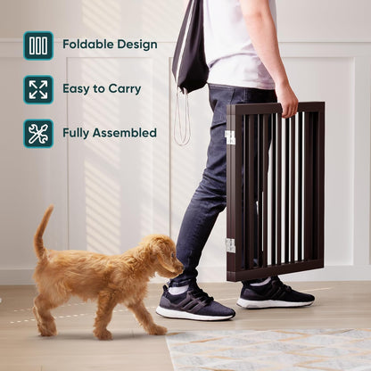 Freestanding Dog Gates Indoor, 3-Panel Pet Gates with 2 Metal Stands and 360° Hinge, 24" H Foldable Dog Gate for Stairs, Doorway, Kitchen, Expands Up to 55" Fully Assembled - Black Walnut