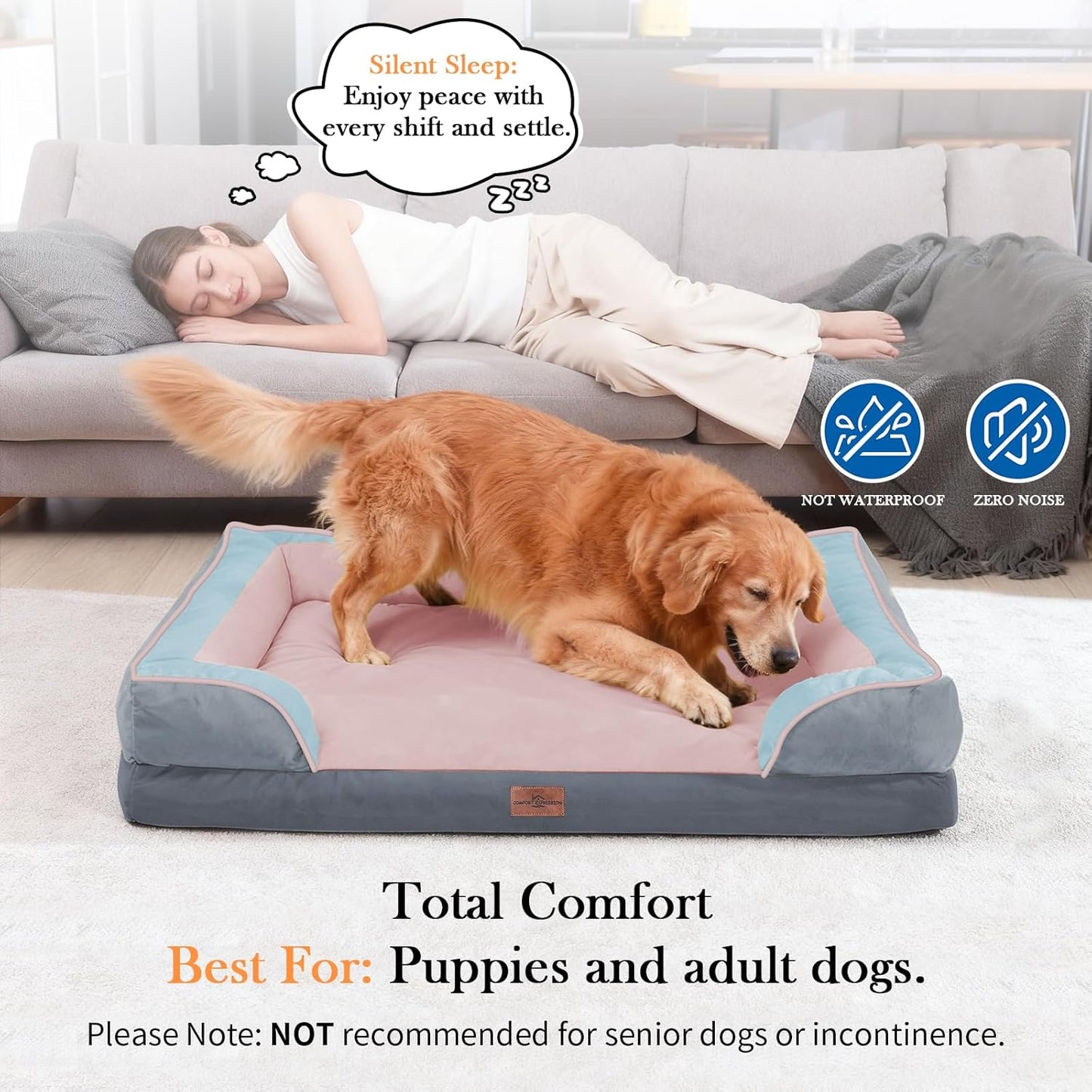 Comfort Expression Orthopedic Dog Bed for Extra Large Dogs 42x30 Inch, Waterproof Egg Crate Foam XL Pet Bed with Removable Bolsters, Dog Couch with Washable Cover & Non-Slip Bottom, Grey - Colors B