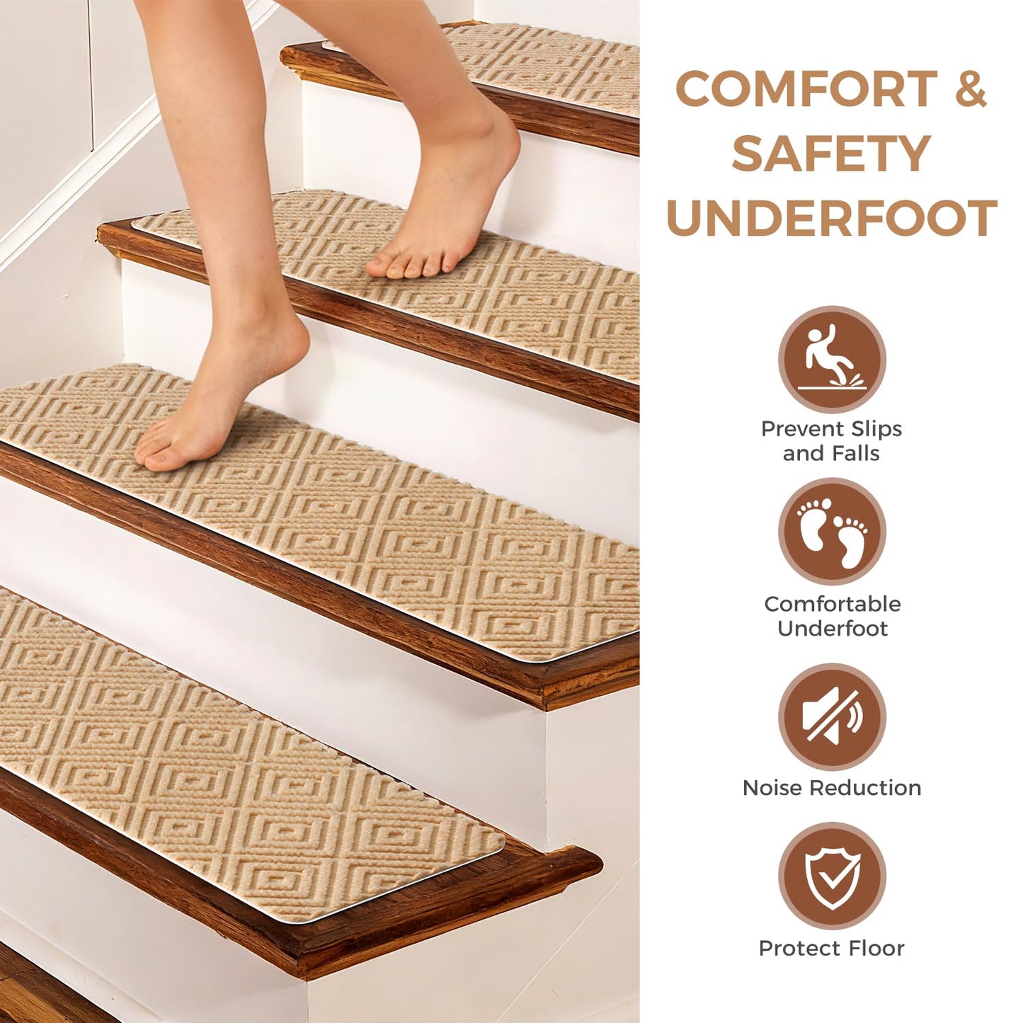 BAGAIL 15 Pack Non-Slip Stair Treads for Wooden Steps, 8"x30" Peel and Stick Carpet Stair Runners, Machine Washable Indoor Step Covers with No-Residue Adhesive for Dogs, Kids & Elderly - Dark Gray