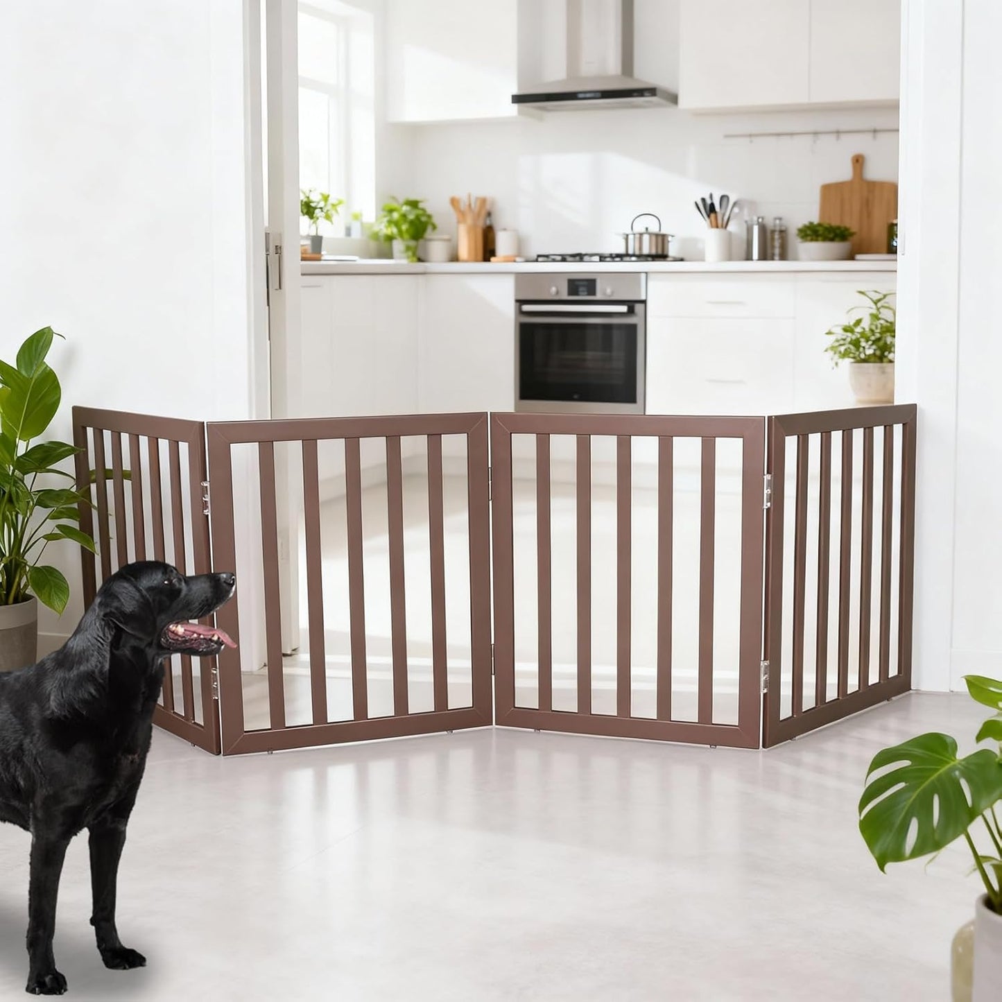 ZJSF Freestanding Indoor Dog Gate for House Foldable Wood Brown Puppy Gate for Doorways Pet Gate for Stairs Extra Wide Pet Fence 24" Height 2 Panels