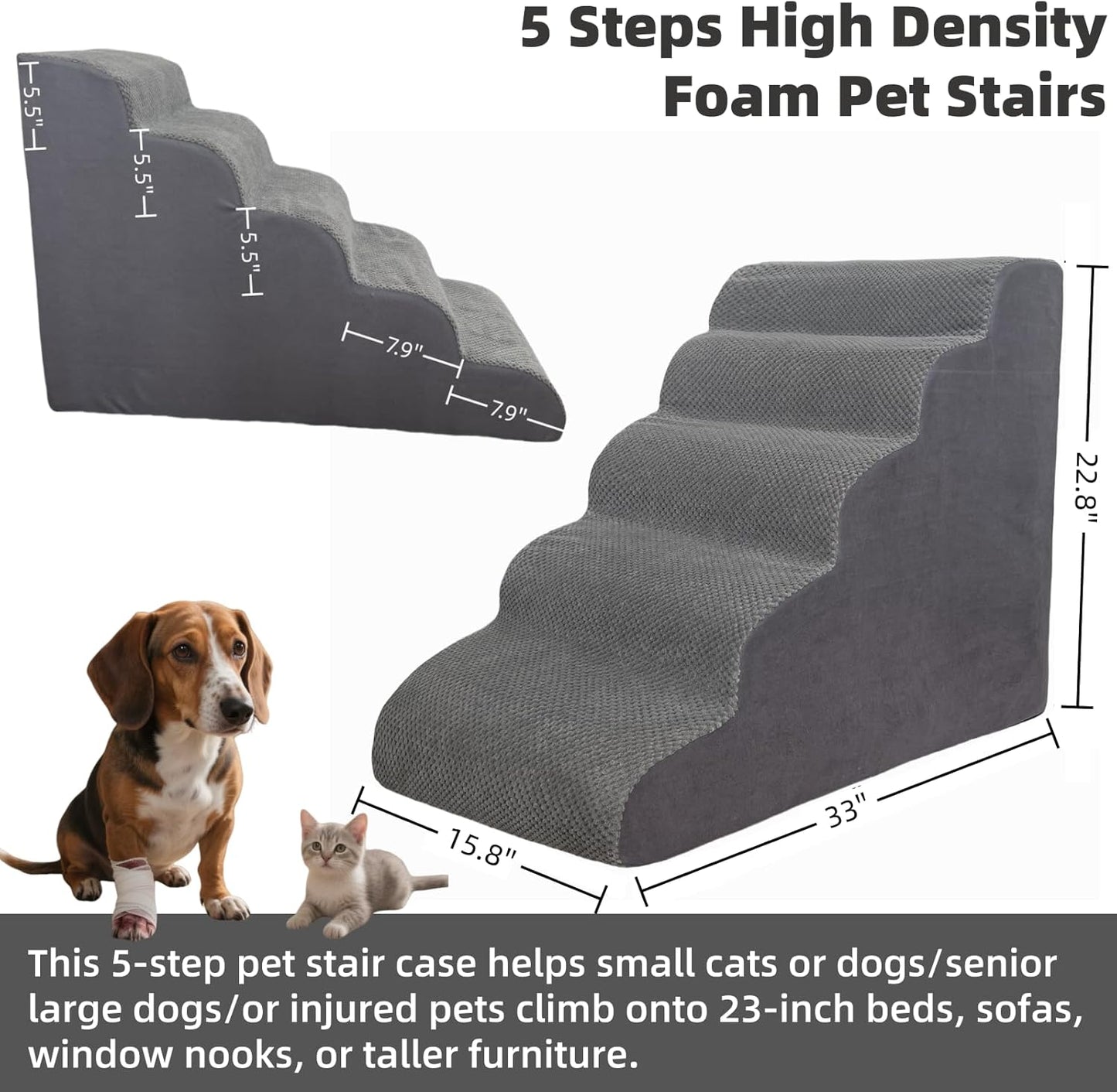 4 Step Pet Stairs Ramp for High Beds Sofas 18-24 Inch with Sturdy Non Slip Waterproof Pads, Machine Washable Cover Indoor Balanced Design for Cats Dogs Small Medium Large XL Pets Grey