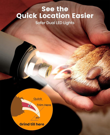 oneisall Dog Nail Grinder and Paw Trimmer Kit 3 in 1 Quiet Rechargeable Electric Pet Nail Grinder with 2 LED Lights and Cordless Dog Grooming Safe Clippers