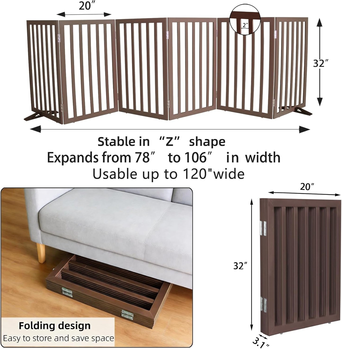ZJSF Freestanding Indoor Dog Gate for House Foldable Wood Puppy Gate for Doorways Pet Gate for Stairs Extra Wide Pet Fence, Brown, 24" Height 3 Panels