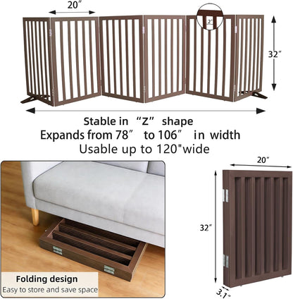 ZJSF Freestanding Indoor Dog Gate for House Foldable Wood Puppy Gate for Doorways Pet Gate for Stairs Extra Wide Pet Fence, Brown, 24" Height 3 Panels