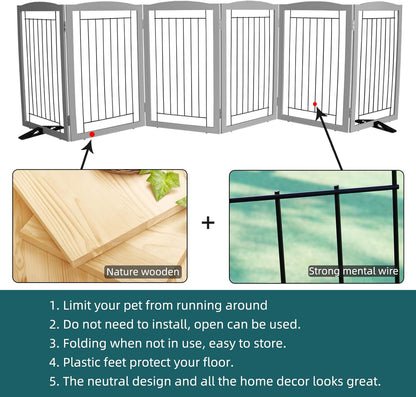 ZJSF Freestanding Dog Fence Indoor, Foldable Dog Gate for Doorways, Stairs or Hallways, Sturdy Wood Extra Wide Pet Gate with Support Feet for The House, White, 24 "Height-3 Panels