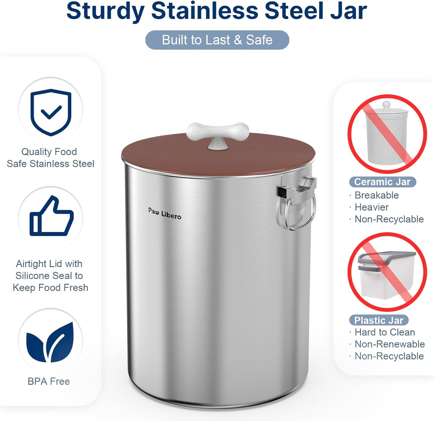 Paw Libero 25 Lbs Stainless Steel Dog Food Storage Container with Airtight Lid & Ceramic Bone Handle, Large Metal Dog Food Bin for Dogs & Cats, Keep Fresh, Easy to Clean