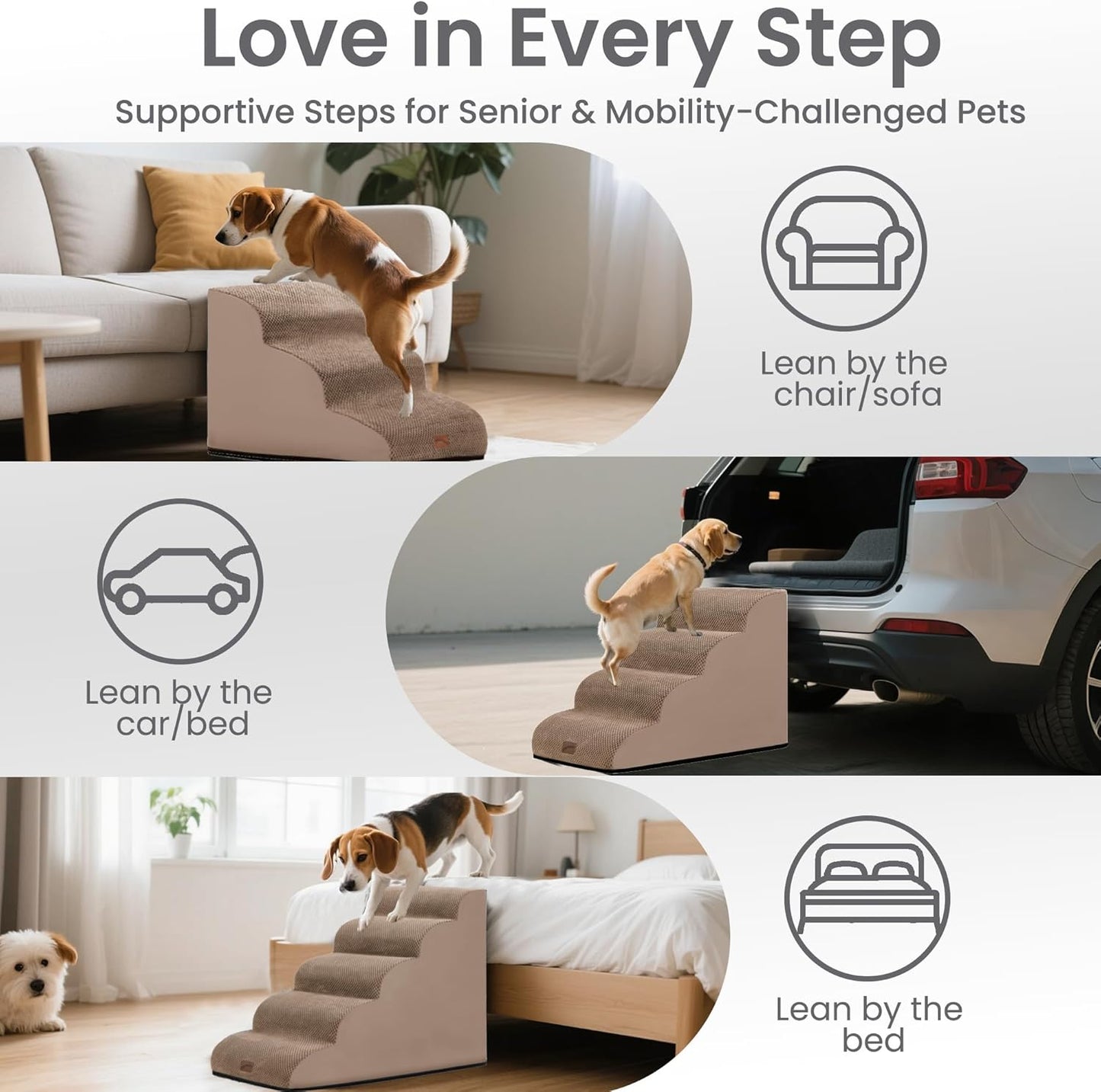 GoGoBunny Ramp Dog Stairs for Couch Sofa and Chair 15.7" H, 3-Step Pet Steps for Small Dogs and Cats, Non-Slip Waterproof Fabric Cover, Stable and Balanced Indoor Step, Pets Friendly, Grey