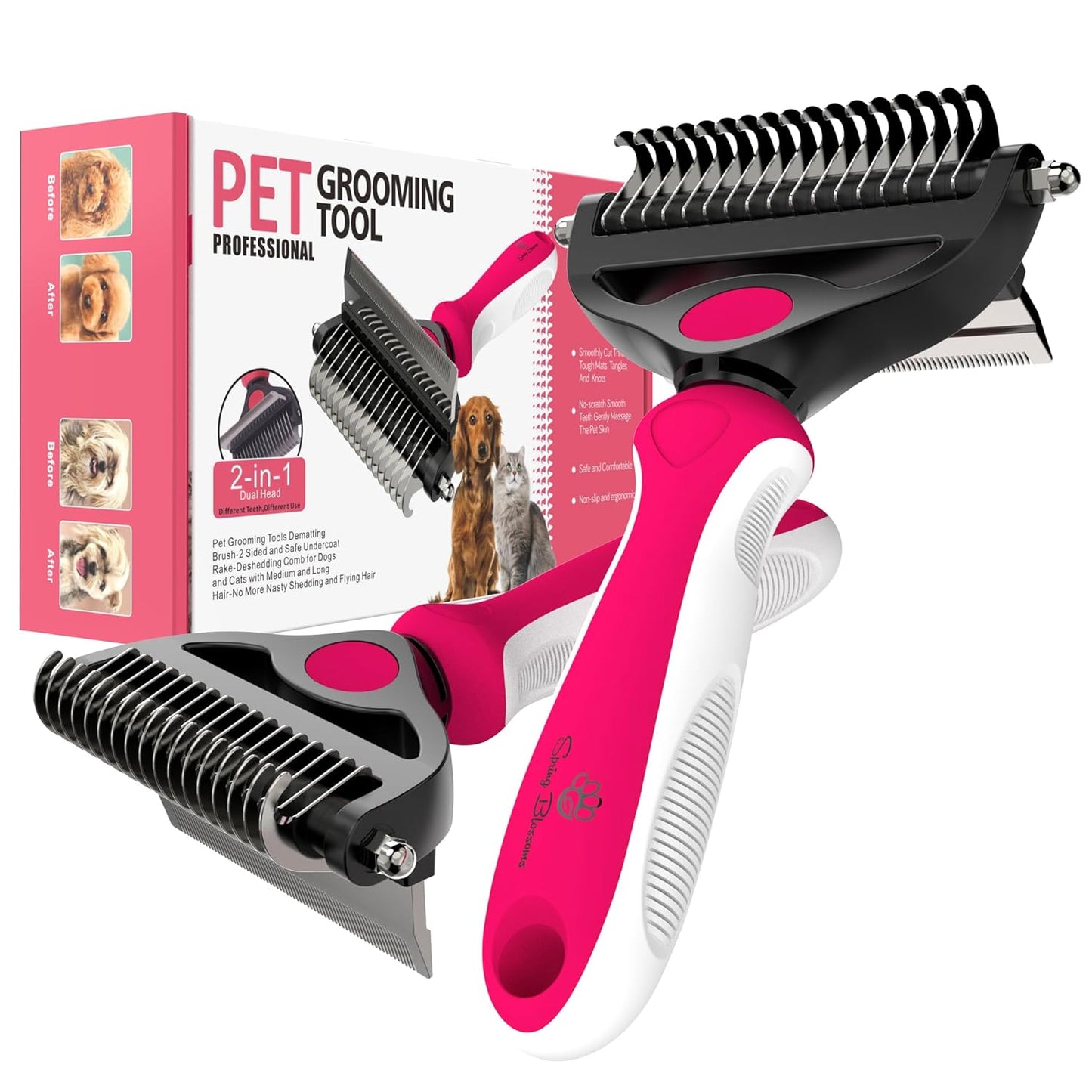 Spring Blossoms-2 in 1 Professional Grooming Rake for Cats & Dogs-Dematting Comb for Easy Mats & Tangles Removing,Pet Brush Safe No More Nasty Shedding and Flying Hair (Orange)
