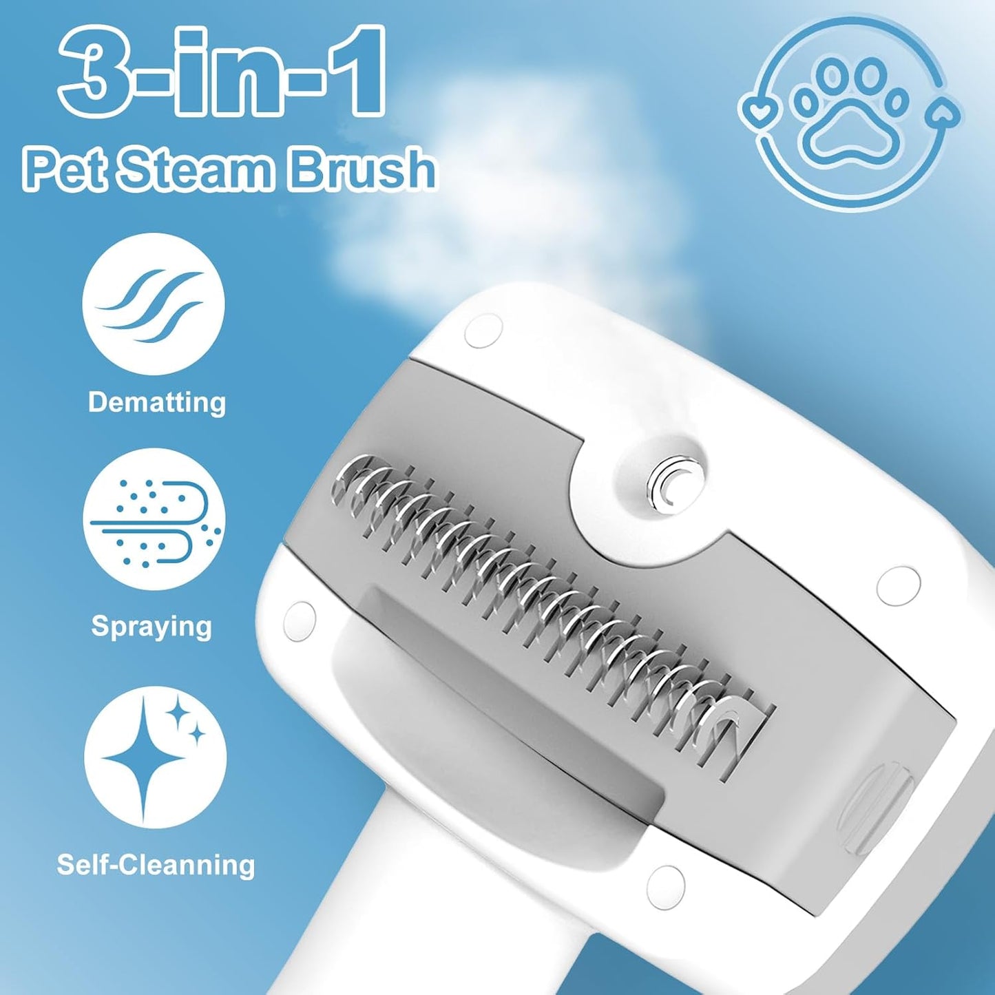 Pet Steam Brush for Dogs & Cats,5-in-1 Self-Cleaning Dog Steam Brush with 3 Swap-in Heads (Grooming, Dematting, Deshedding),Cat Spray Hair Removal Comb,Includes Pet Essence & Storage Bag