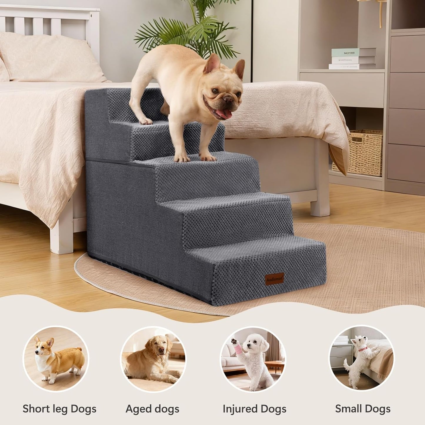 Aodisman Dog Steps for Bed and Couch, 4-Step Pet Stairs for Small Dogs, Indoor Non-Slip Dog Stairs for Old Cats, Puppy, Small Medium Dogs,18.5" H,Grey