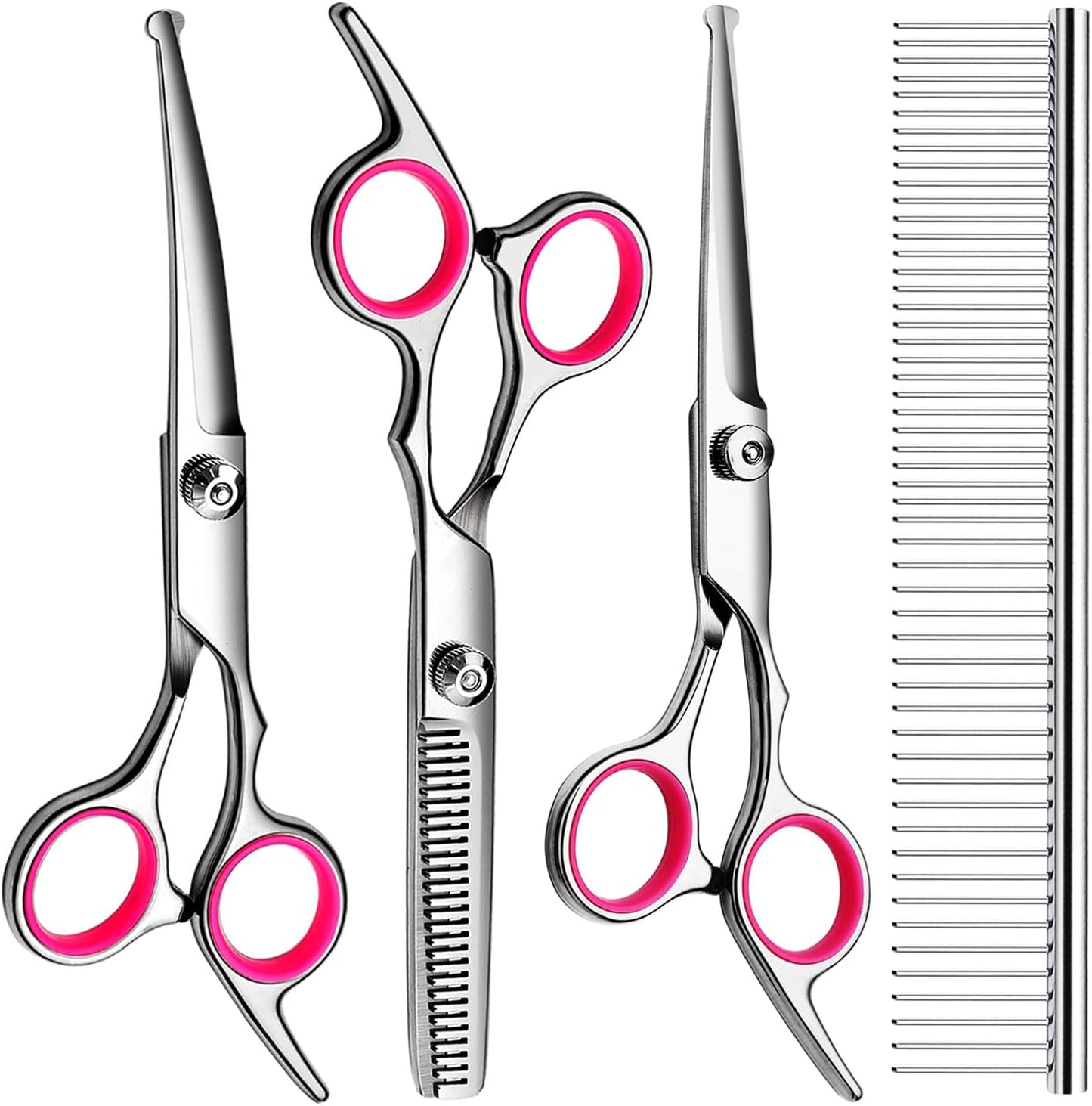 FAIGEO Dog Grooming Scissors with Safety Round Tips Stainless Steel Professional Dog Grooming Kit - Thinning, Curved Scissors and Comb for Cat Pet (Pink 4 in 1)