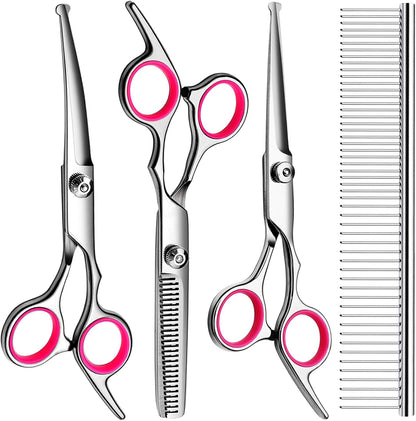 FAIGEO Dog Grooming Scissors with Safety Round Tips Stainless Steel Professional Dog Grooming Kit - Thinning, Curved Scissors and Comb for Cat Pet (Pink 4 in 1)