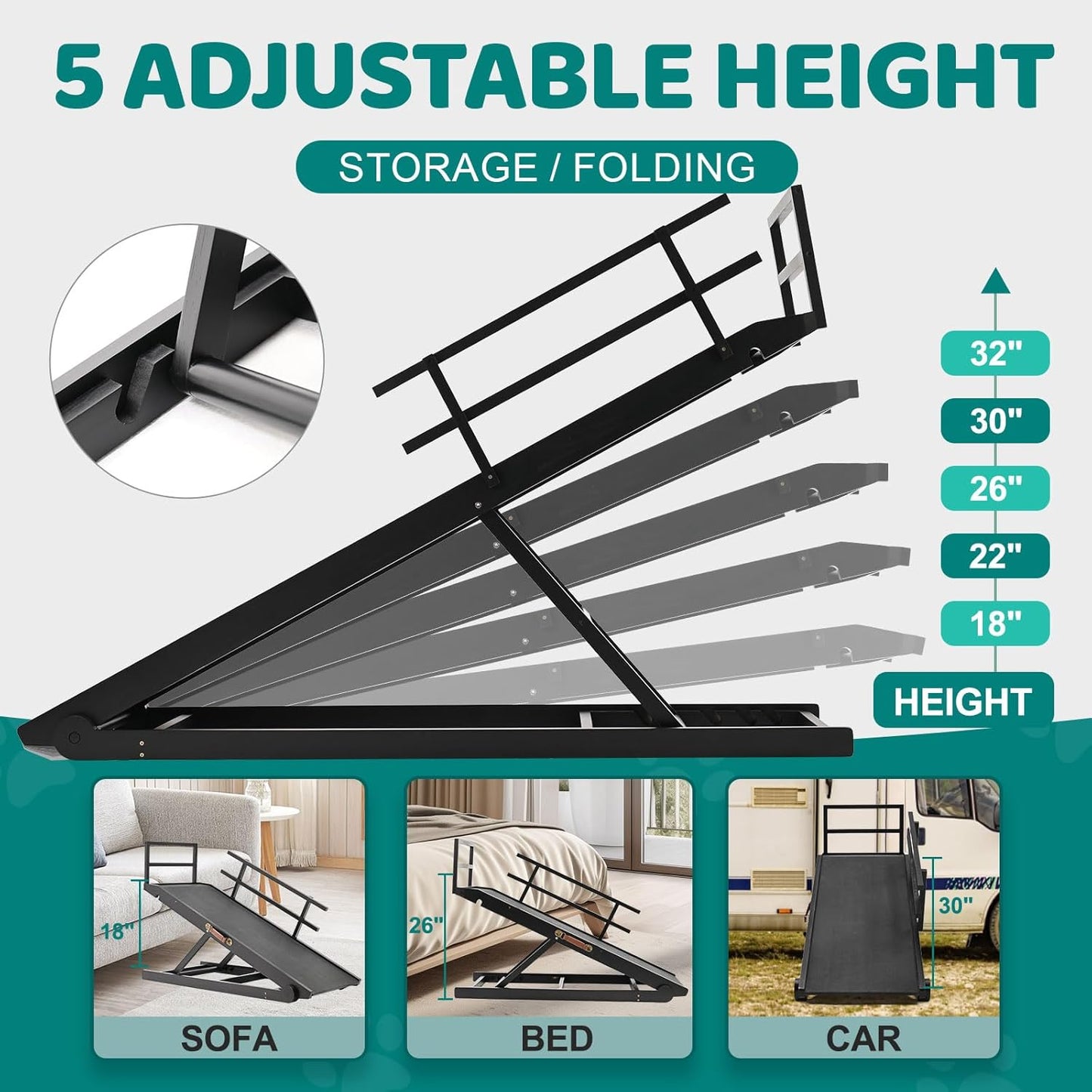 Dog Ramp for Bed, Adjustable Pet Ramps for Dog to Get on Bed, Non-Slip Rubber Surface - Folding Wooden Dog Ramp for Small/Large/Old Dogs, Adjustable up to 27.5 inch High Beds, Safety Railings